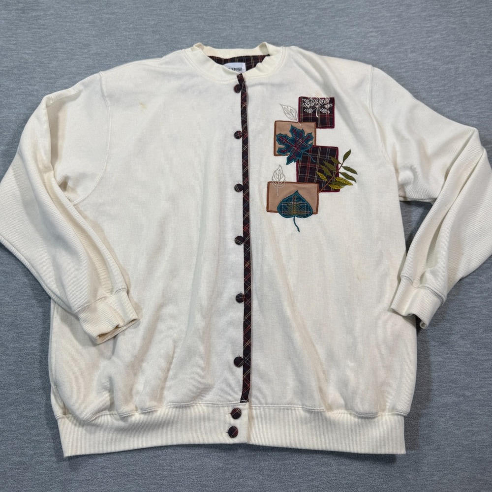 Alfred Dunner Cardigan Adult L Cream Embroidered Leaf‎ Fall Button Up Knit